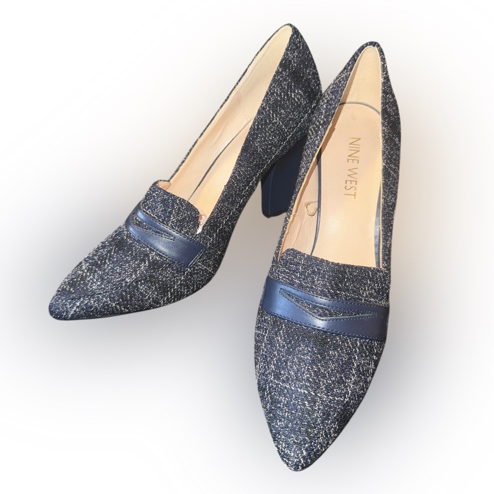 Nine West Navy Tweed heel pointed toe loafers SZ 8.5